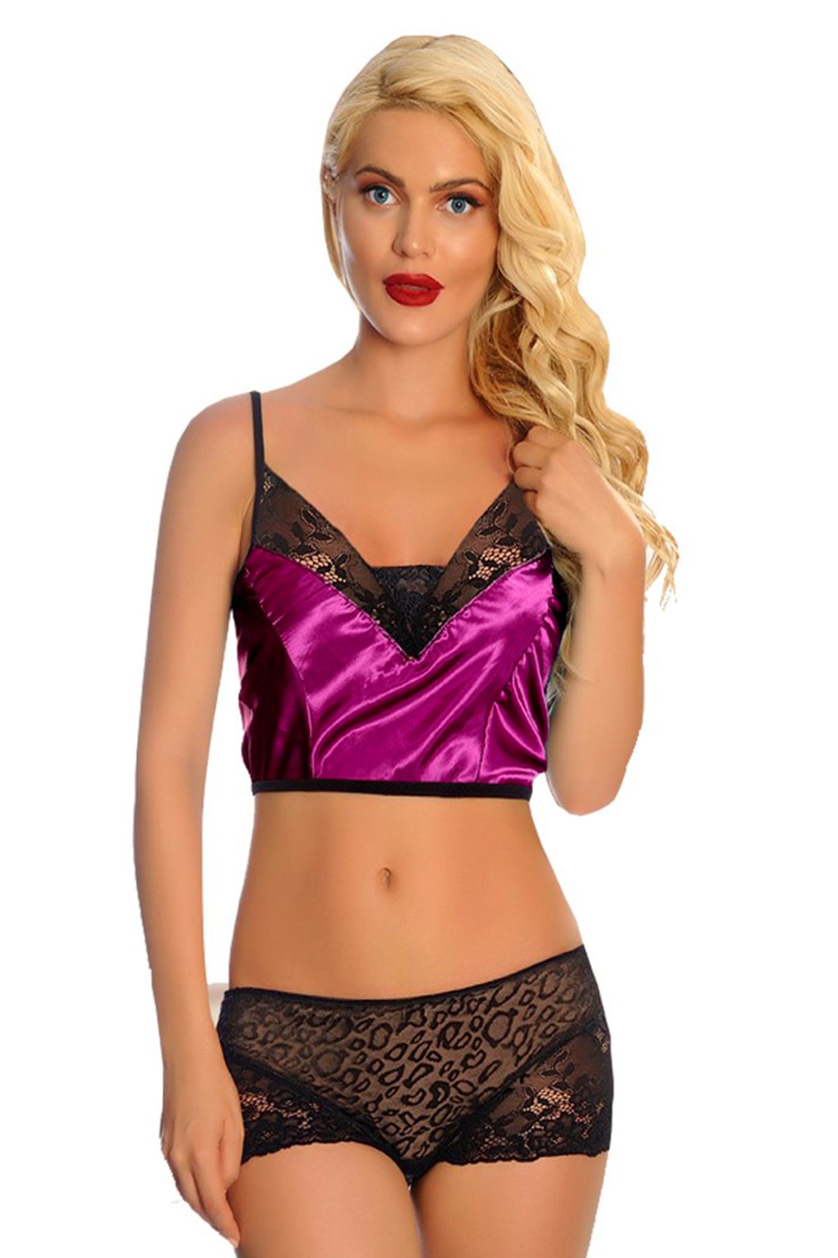 Mor Saten Dantelli Babydoll Şortlu Takım - 287