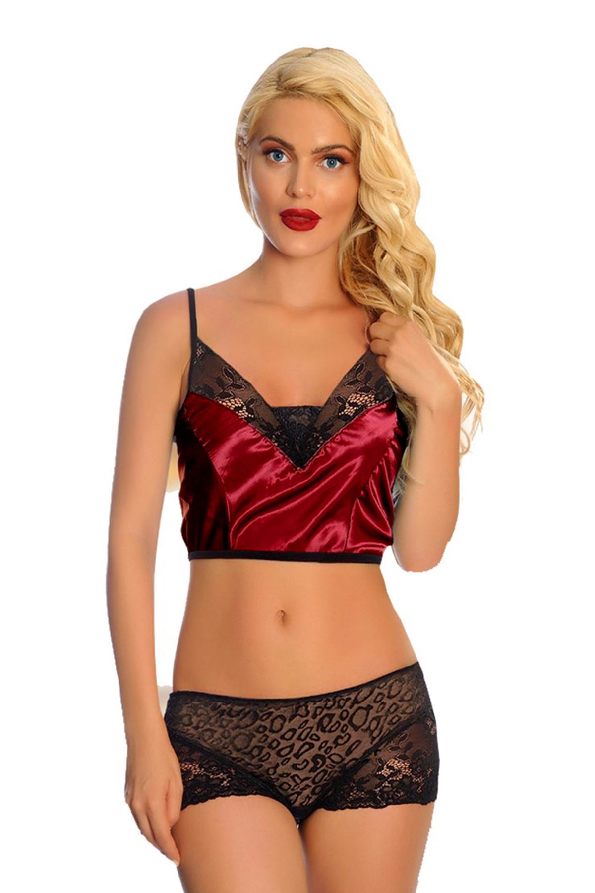 Bordo Saten Dantelli Babydoll Şortlu Takım - 288