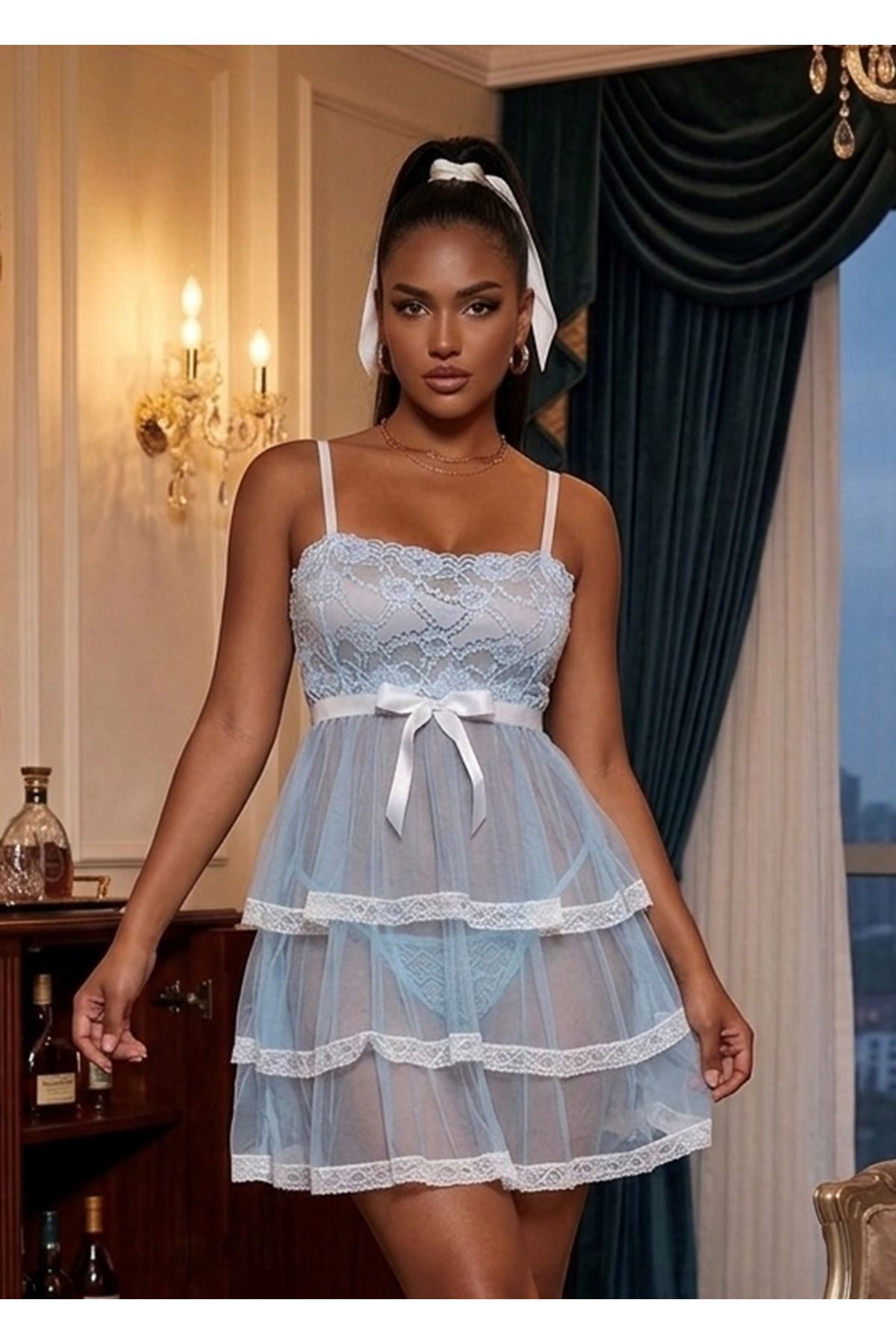 Açık Mavi Beyaz Dantelli Gecelik - 686