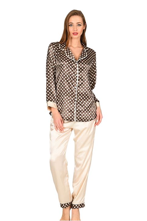 Ekru-Kahverengi Saten Pijama Takımı - 1624