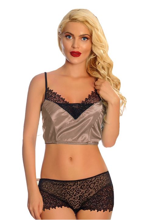Vizon Saten Dantelli Babydoll Şortlu Takım - 289