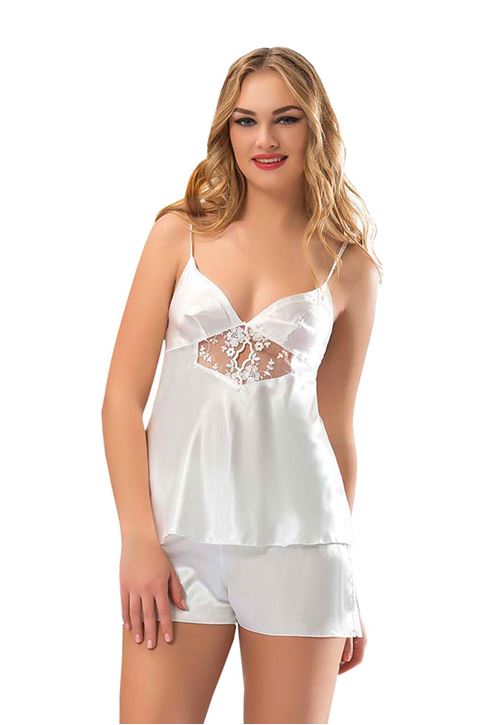 Beyaz Saten Babydoll Şortlu Takım - 296