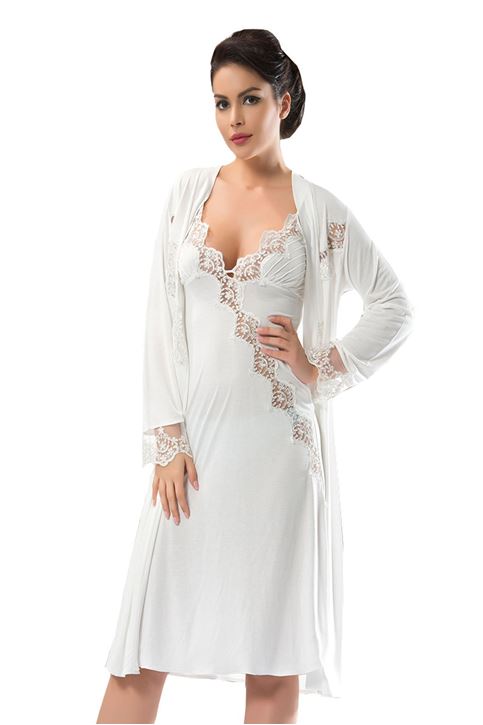 Ekru Penye Sabahlık & Gecelik Takım 2' Li - 1424