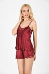 Bordo Saten Babydoll Şortlu Takım - 281