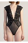 Siyah Yarım Kol Dantel Bodysuit - 895